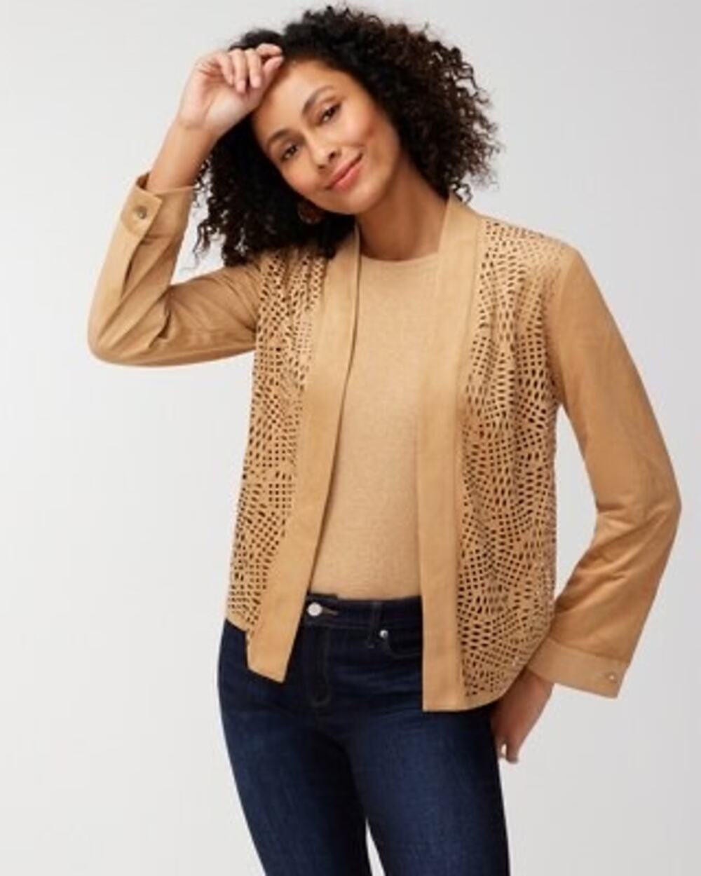 Chico’s Easy Faux Suede Perforated Jacket in Arabian Camel Size 12